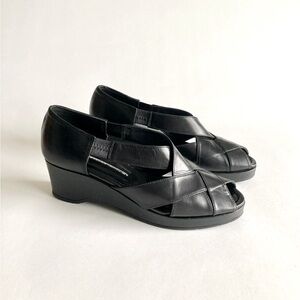 Black Peep-Toe Wedge Sandals - Women's Comfortable Slip-On